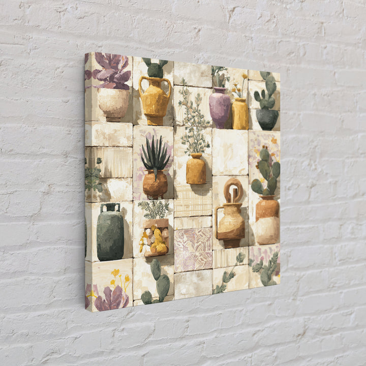 Warm Neutral Cactus Garden Illustration Framed Canvas Print, Boho Art, Wall Art Set, Living Room Decor, Fine Art, Bohemian, BOH-1x1-42