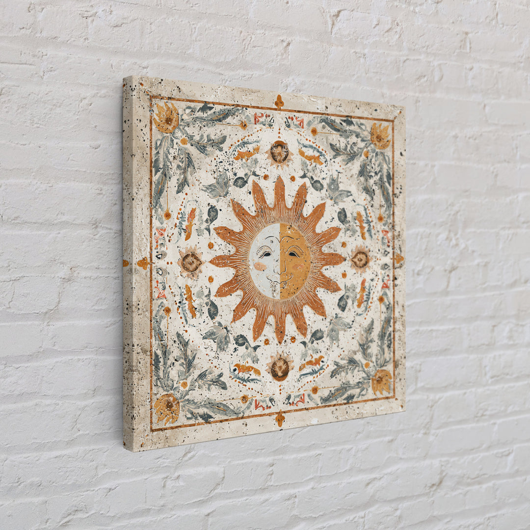 Sun and Moon Celestial Folk Motif Framed Canvas Print, Boho Art, Fine Art Print, Living Room Decor, Watercolor Art, Bohemian, BOH-1x1-58