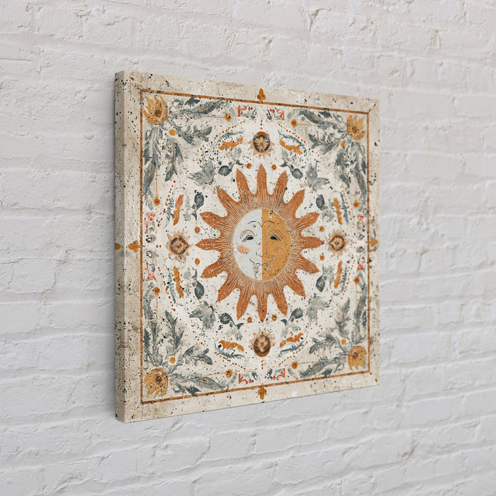Sun and Moon Celestial Folk Motif Framed Canvas Print, Boho Art, Fine Art Print, Living Room Decor, Watercolor Art, Bohemian, BOH-1x1-58