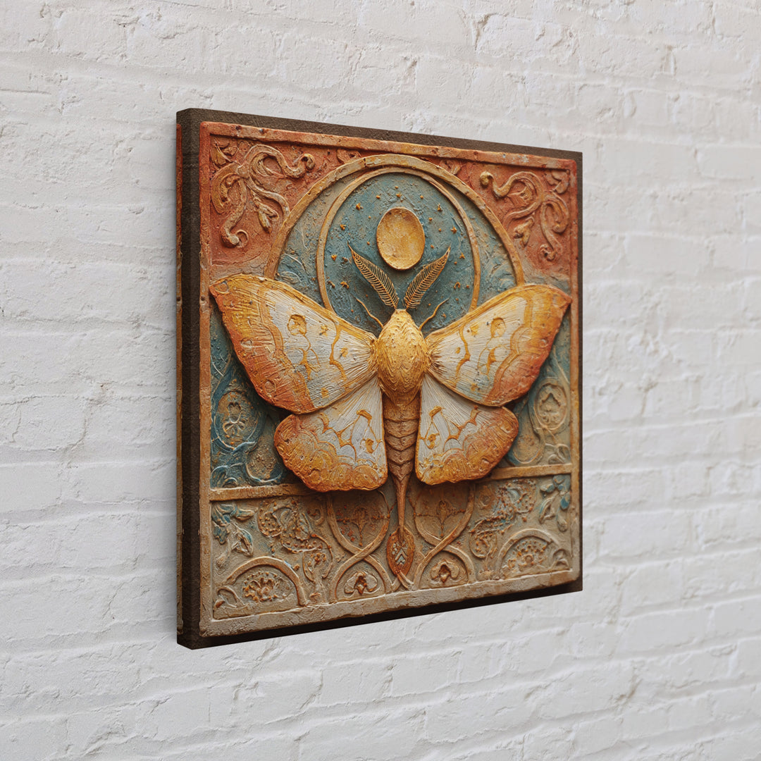Golden Moth with Moon and Stars Framed Canvas Print, Boho Art, Wall Art, Living Room Decor, Fine Art, Bohemian, Art Deco, BOH-1x1-65
