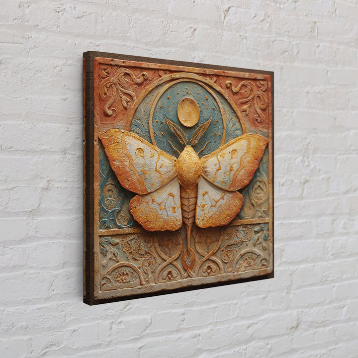 Golden Moth with Moon and Stars Framed Canvas Print, Boho Art, Wall Art, Living Room Decor, Fine Art, Bohemian, Art Deco, BOH-1x1-65