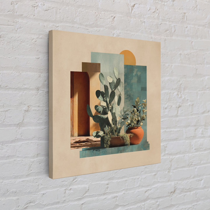 Desert Sun with Cactus and Warm Clay Framed Canvas Print, Boho Art, Printable, Living Room Decor, Watercolor Art, Bohemian, BOH-1x1-73