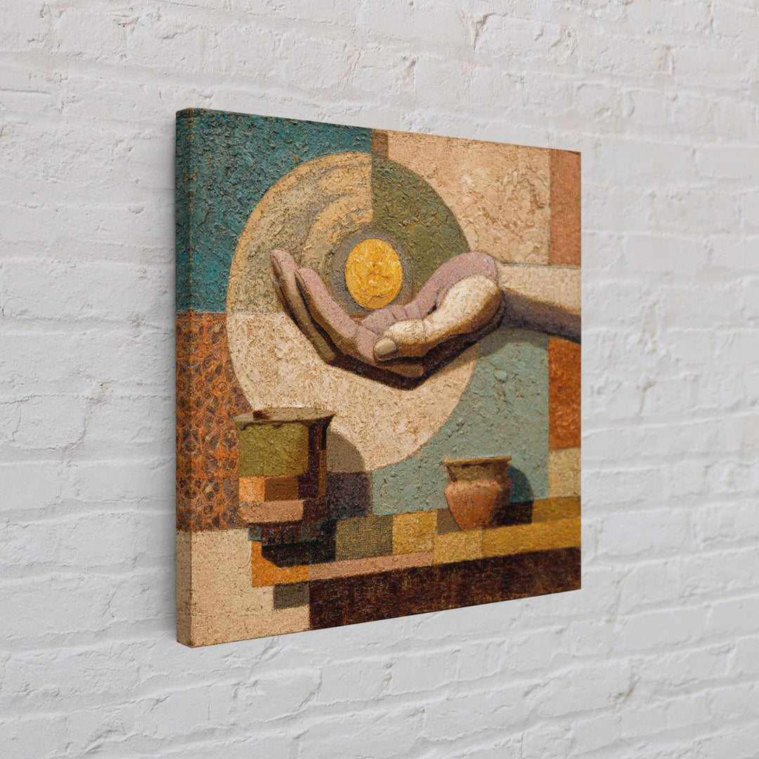 Mystic Hand Holding a Tiny Sun Framed Canvas Print, Boho Art, Textured Painting, Living Room Decor, Fine Art, Bohemian, BOH-1x1-78