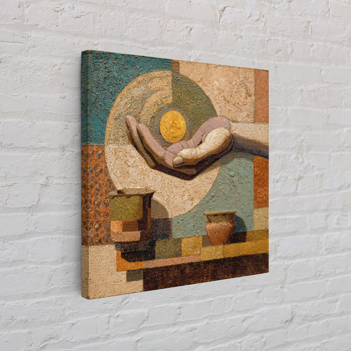 Mystic Hand Holding a Tiny Sun Framed Canvas Print, Boho Art, Textured Painting, Living Room Decor, Fine Art, Bohemian, BOH-1x1-78