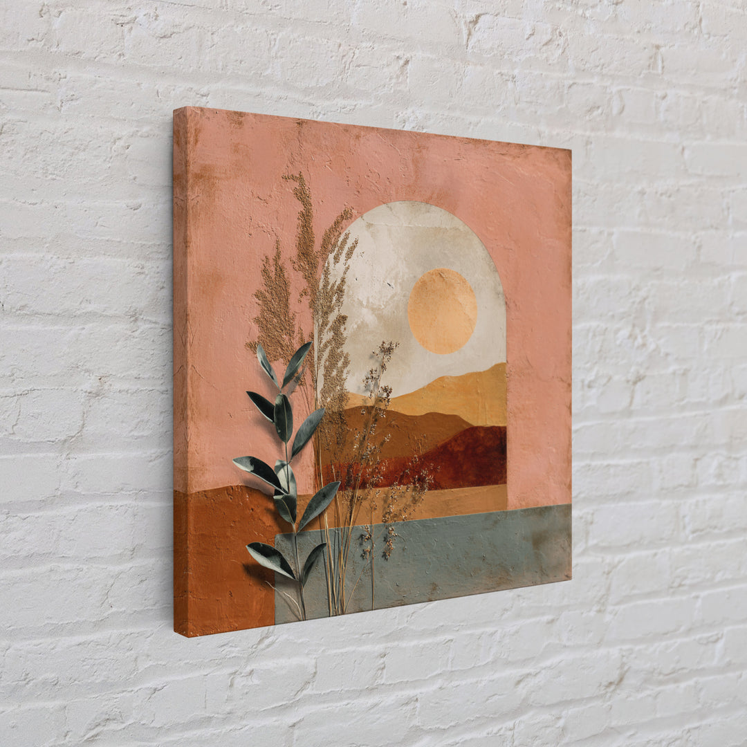 Sunrise over Rolling Dunes in Muted Peach Framed Canvas Print, Boho Art, Digital Art, Living Room Decor, Oil Painting, Bohemian, BOH-1x1-93