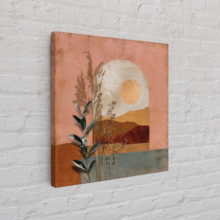 Sunrise over Rolling Dunes in Muted Peach Framed Canvas Print, Boho Art, Digital Art, Living Room Decor, Oil Painting, Bohemian, BOH-1x1-93