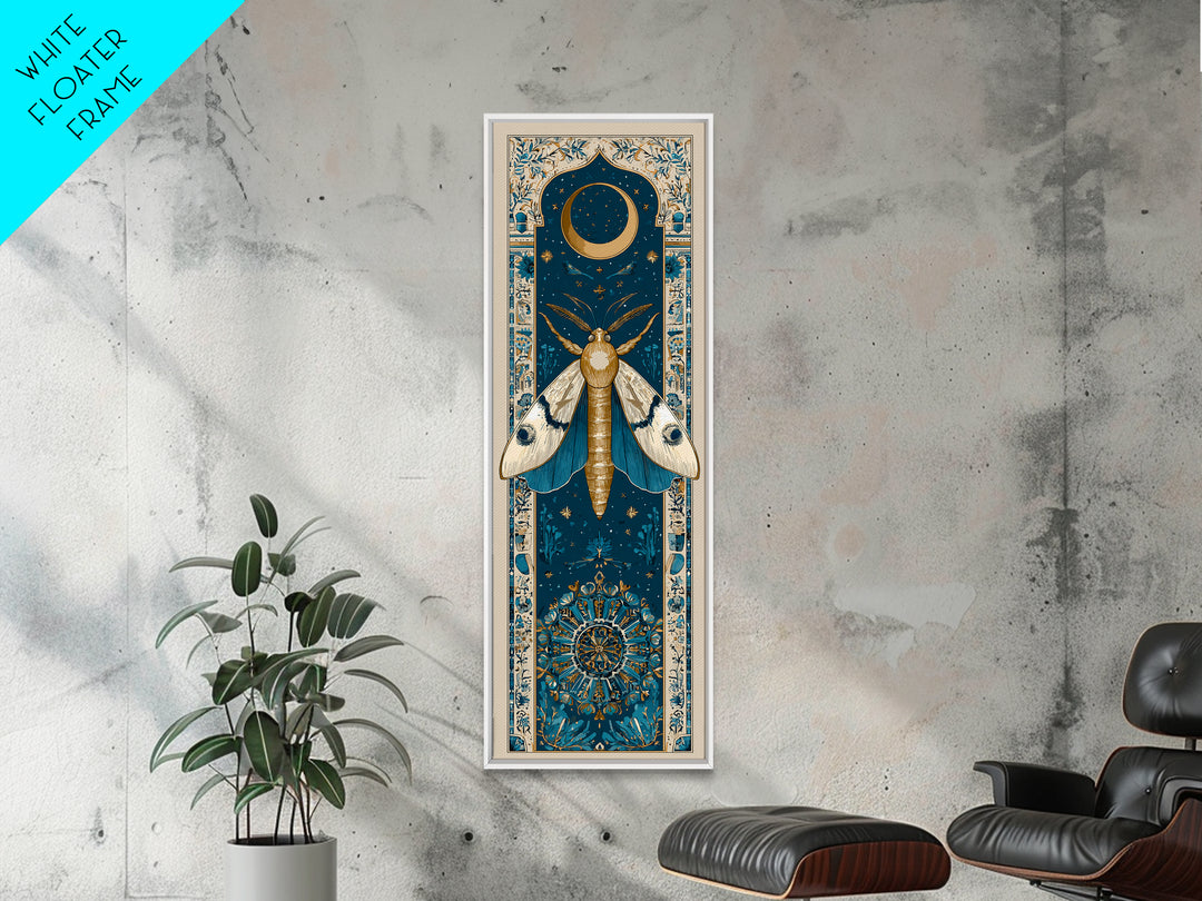 Golden Moth with Moon and Stars Framed Canvas Print, Boho Art, Prints, Living Room Decor, Fine Art, Bohemian, Abstract Art, BOH-1x3-29