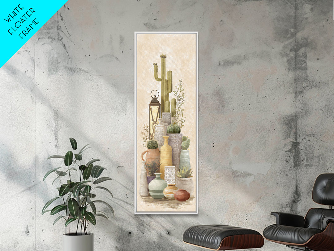 Warm Neutral Cactus Garden Illustration Framed Canvas Print, Boho Art, Fine Art Print, Living Room Decor, Watercolor Art, BOH-1x3-30