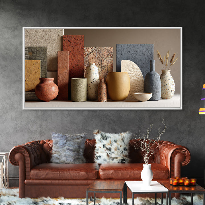 Abstract Clay Shapes Framed Canvas Print, Boho Art, Textured Painting, Living Room Decor, Abstract Art, Bohemian, BOH-2x1-12