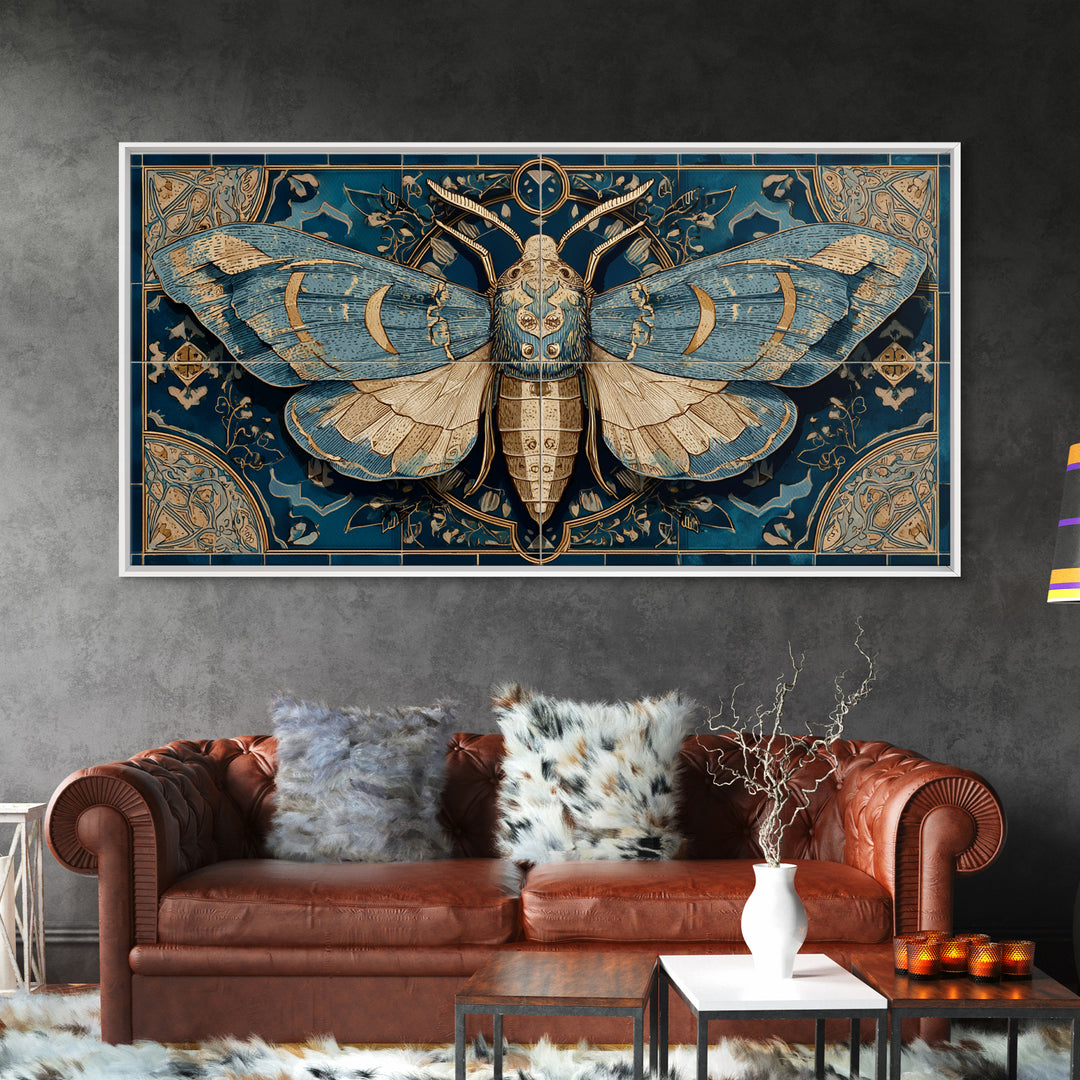 Golden Moth with Moon and Stars Framed Canvas Print, Boho Art, Boho, Living Room Decor, Fine Art, Bohemian, Wall Art Print, BOH-2x1-13