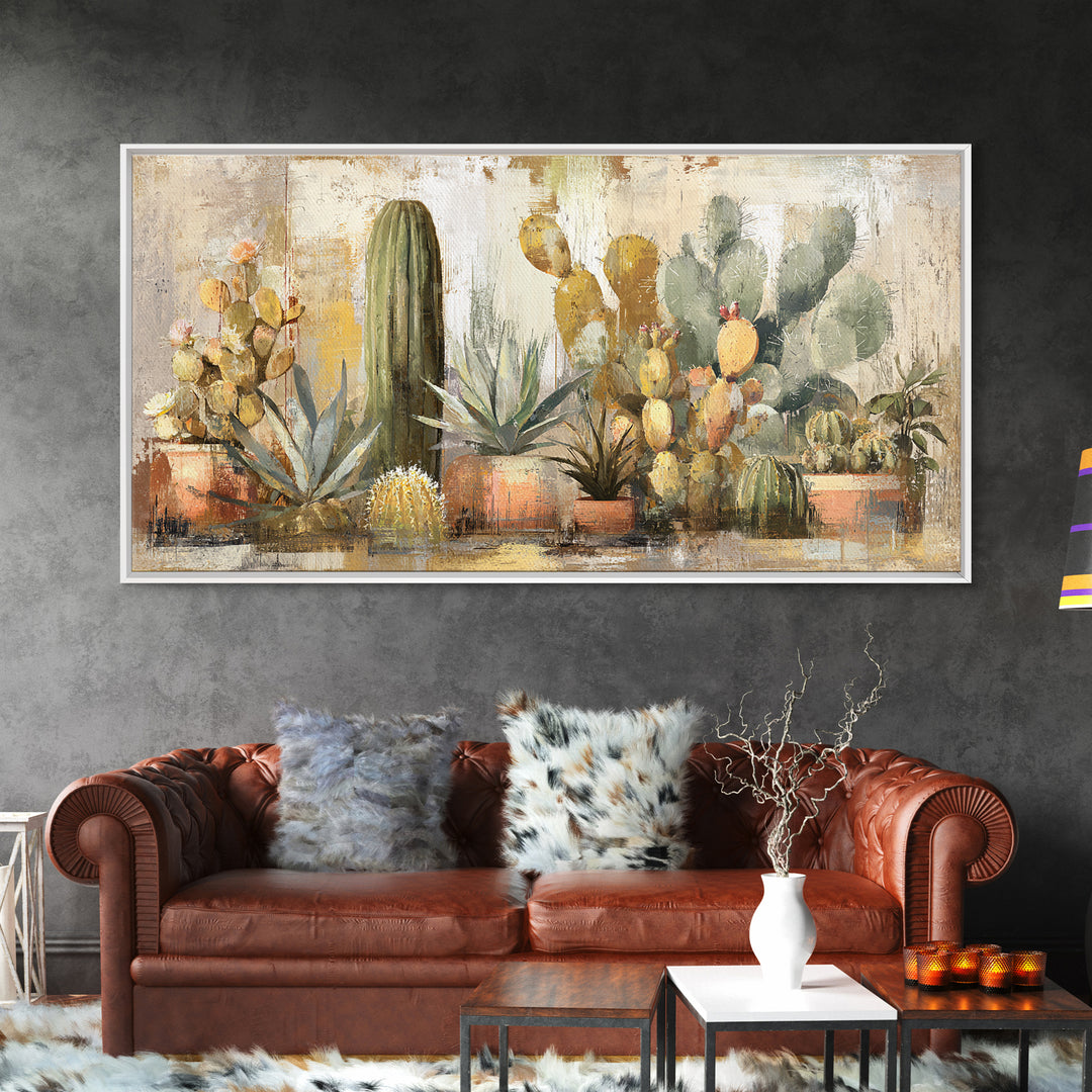 Warm Neutral Cactus Garden Illustration Framed Canvas Print, Boho Art, Living Room Decor, Watercolor Art, Bohemian, BOH-2x1-14