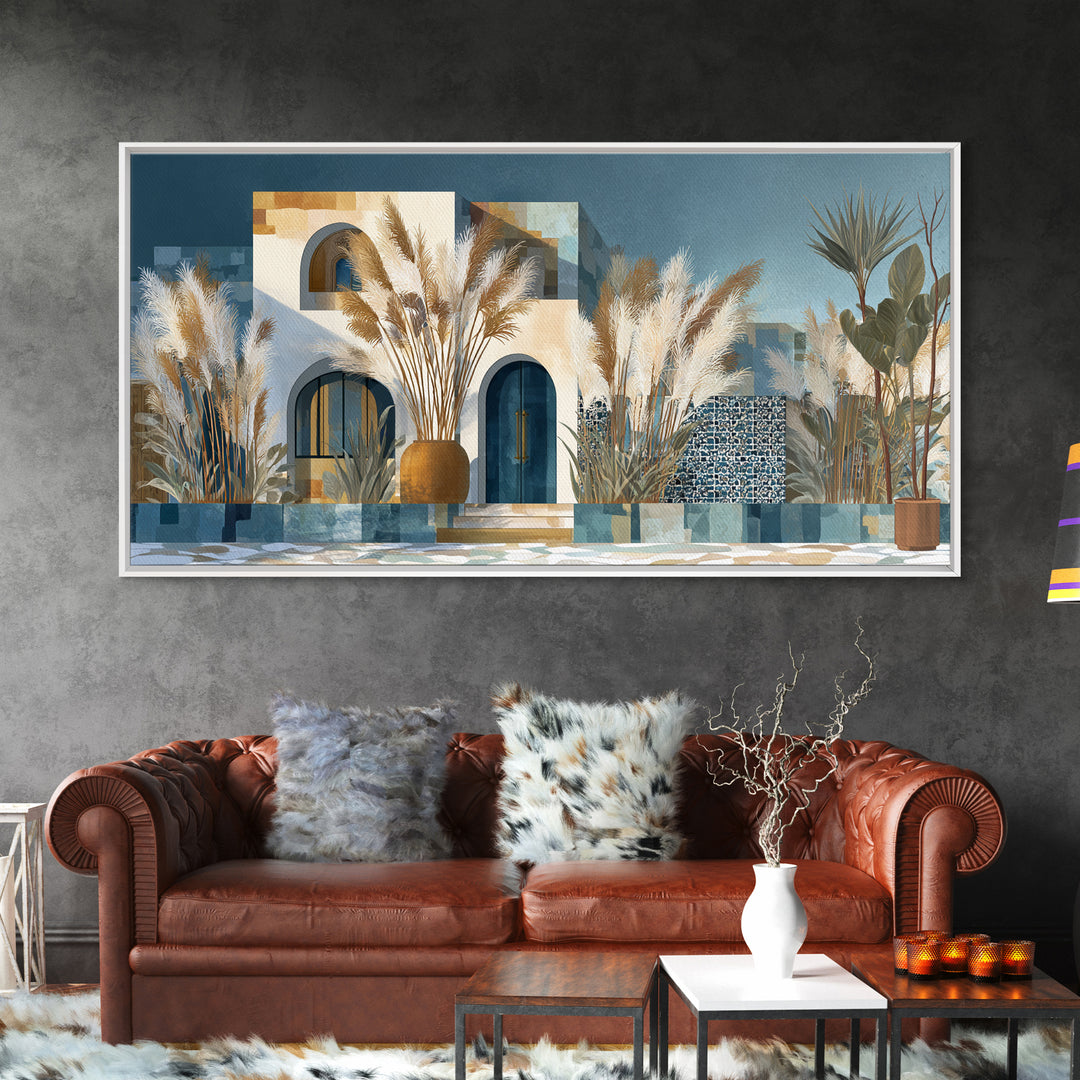 Bohemian Vase with Dried Pampas Grass Framed Canvas Print, Boho Art, Art Nouveau, Living Room Decor, Watercolor Art, Bohemian, BOH-2x1-29