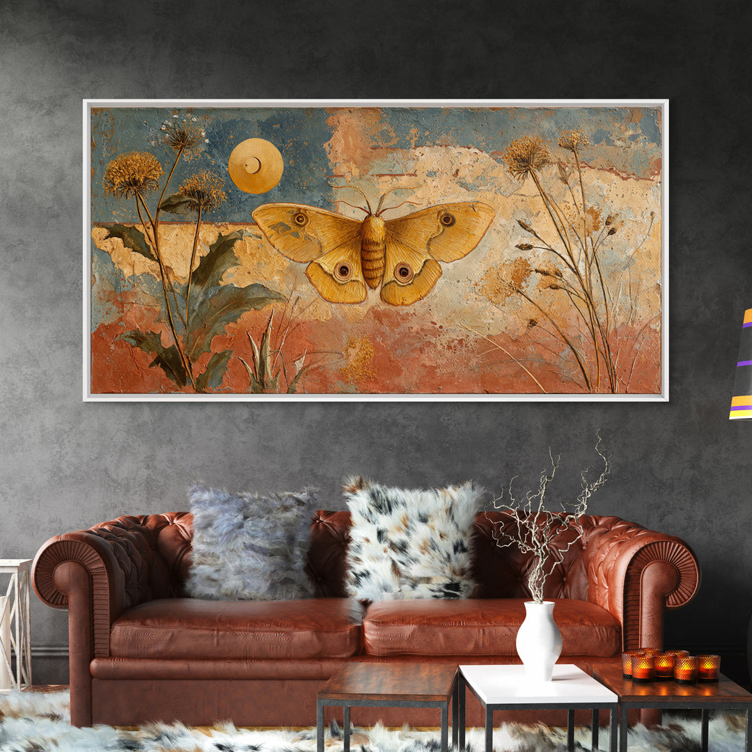 Golden Moth with Moon and Stars Framed Canvas Print, Boho Art, Boho, Living Room Decor, Fine Art, Bohemian, Wall Art Print, BOH-2x1-37