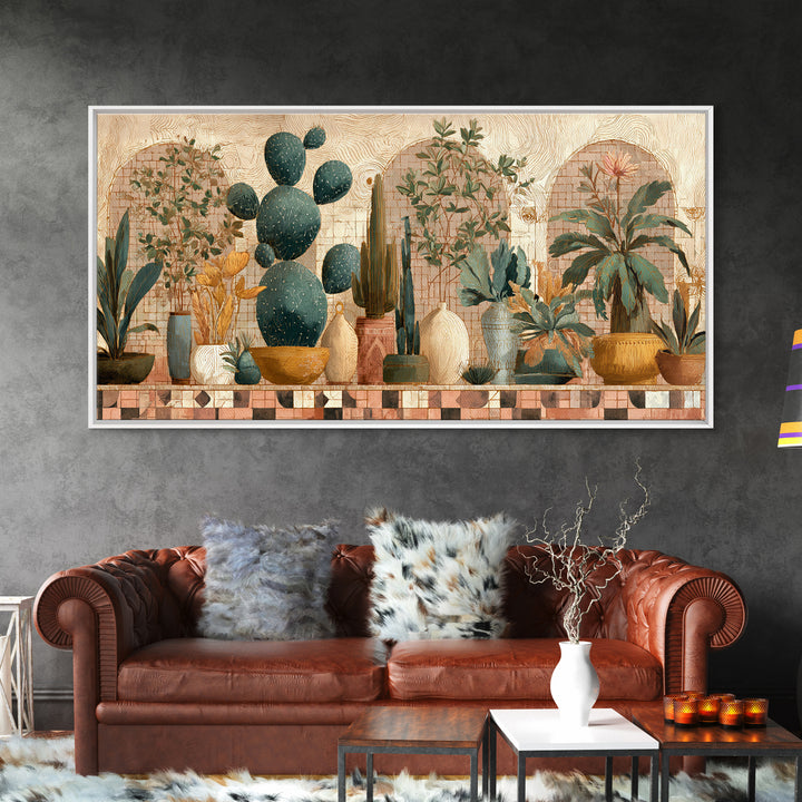 Warm Neutral Cactus Garden Illustration Framed Canvas Print, Boho Art, Living Room Decor, Watercolor Art, Bohemian, BOH-2x1-38