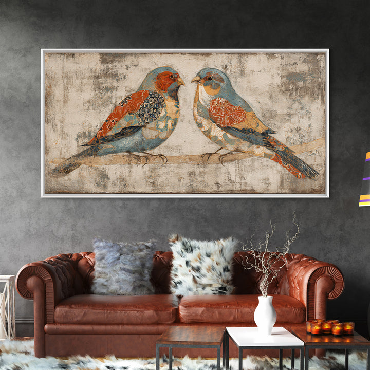 Boho Bird Pair Framed Canvas Print, Boho Art, Wall Decor, Living Room Decor, Fine Art, Bohemian, Art Nouveau, Abstract Art, BOH-2x1-40