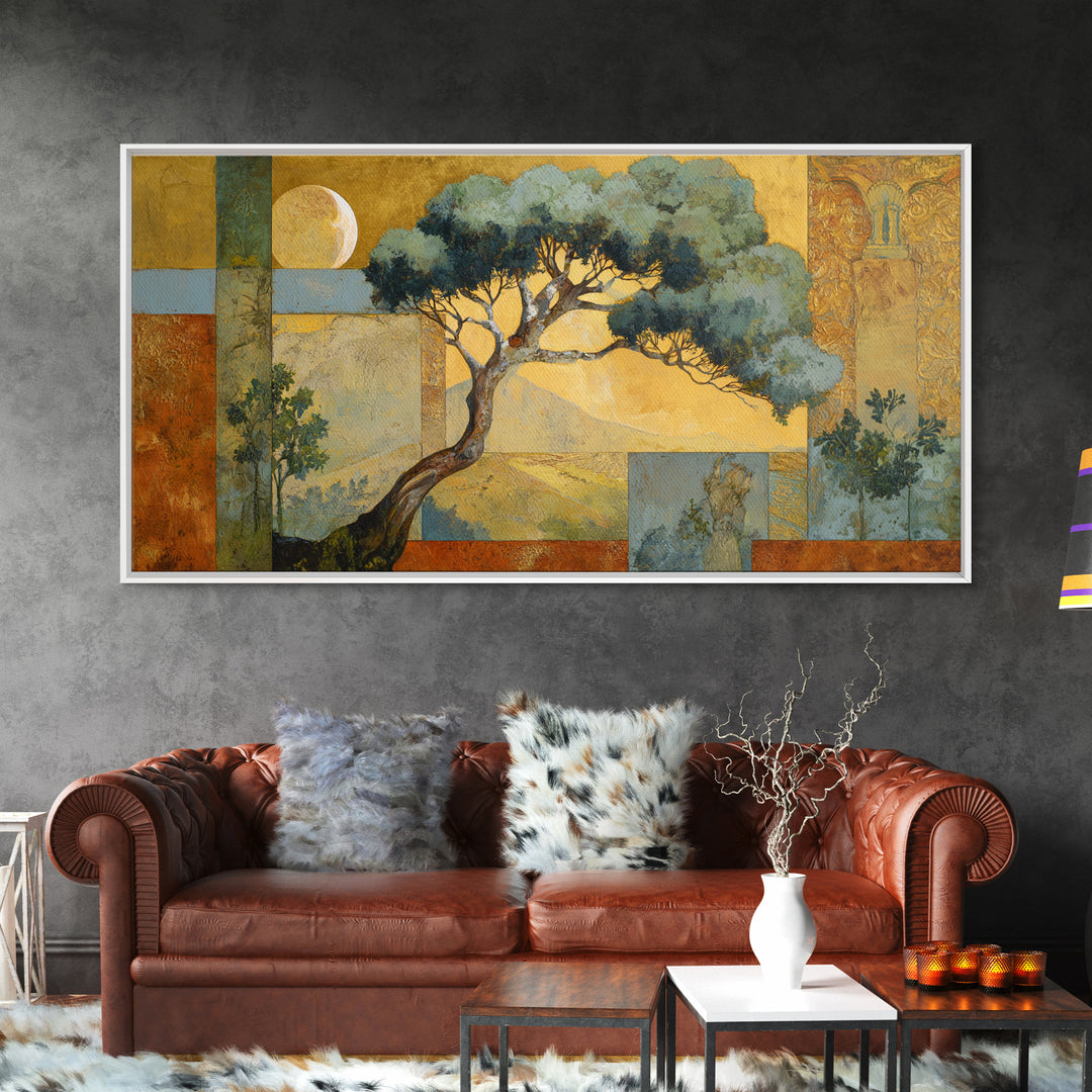 Sage Green Eucalyptus and Crescent Moon Framed Canvas Print, Boho Art, Digital Wall Art, Living Room Decor, Fine Art, Bohemian, BOH-2x1-43