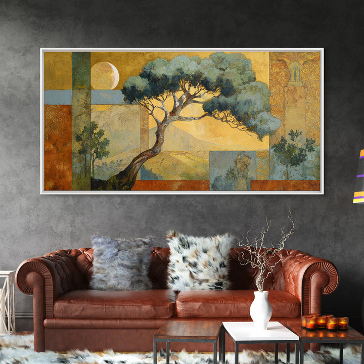Sage Green Eucalyptus and Crescent Moon Framed Canvas Print, Boho Art, Digital Wall Art, Living Room Decor, Fine Art, Bohemian, BOH-2x1-43