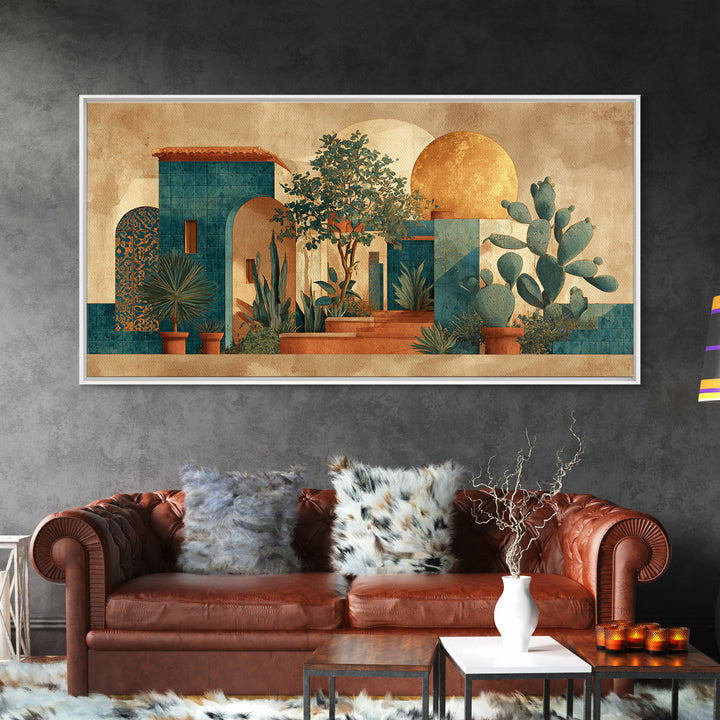 Desert Sun with Cactus and Warm Clay Framed Canvas Print, Boho Art, Printable Art, Living Room Decor, Oil Painting, Bohemian, BOH-2x1-45