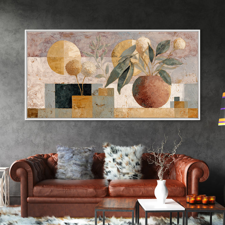 Moon Phases Above Botanical Silhouettes Framed Canvas Print, Boho Art, Digital Art, Living Room Decor, Fine Art, Bohemian, BOH-2x1-46