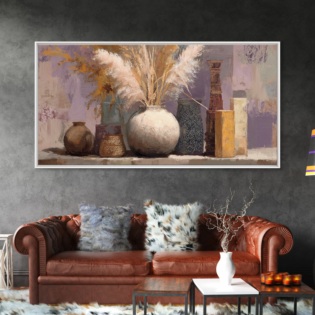 Bohemian Vase with Dried Pampas Grass Framed Canvas Print, Boho Art, Art Nouveau, Living Room Decor, Watercolor Art, Bohemian, BOH-2x1-5