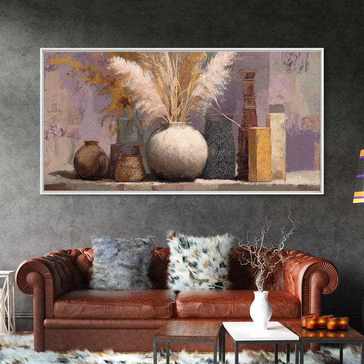 Bohemian Vase with Dried Pampas Grass Framed Canvas Print, Boho Art, Art Nouveau, Living Room Decor, Watercolor Art, Bohemian, BOH-2x1-5