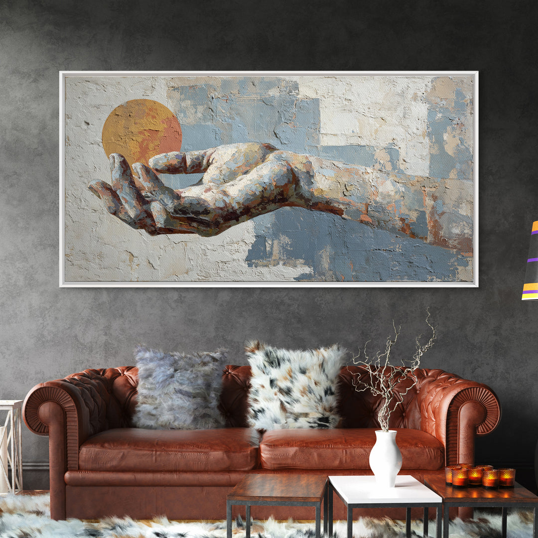 Mystic Hand Holding a Tiny Sun Framed Canvas Print, Boho Art, Printable, Living Room Decor, Bohemian, Abstract Wall Art, BOH-2x1-50