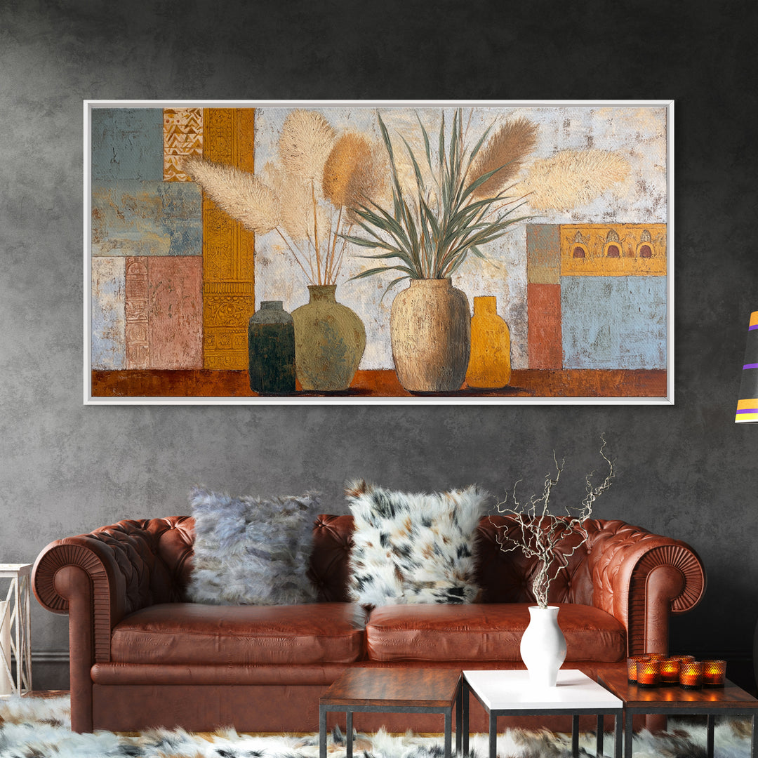Bohemian Vase with Dried Pampas Grass Canvas Print, Boho Art, Abstract Wall Art, Living Room Decor, Oil Painting, Bohemian, BOH-2x1-53