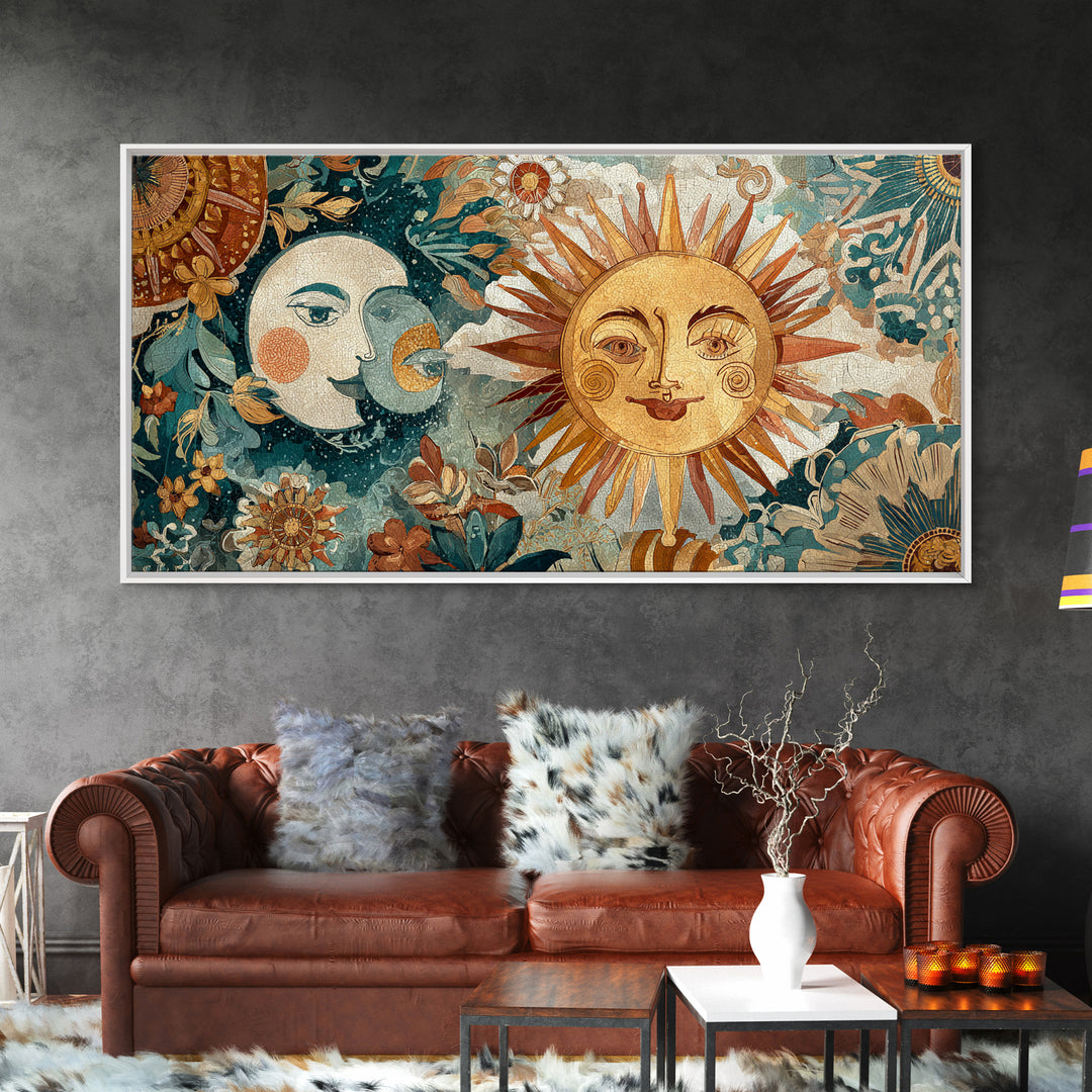 Sun and Moon Celestial Folk Motif Canvas Print, Boho Art, Printable Wall Art, Living Room Decor, Bohemian, Abstract Wall Art, BOH-2x1-54