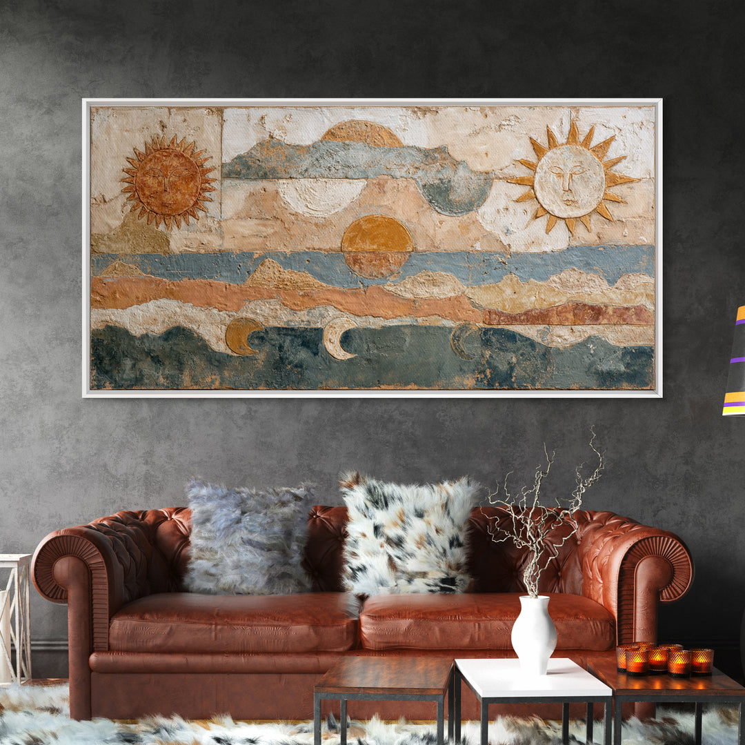 Sun and Moon Celestial Folk Motif Framed Canvas Print, Boho Art, Wall Decor, Living Room Decor, Fine Art, Bohemian, Art Nouveau, BOH-2x1-6