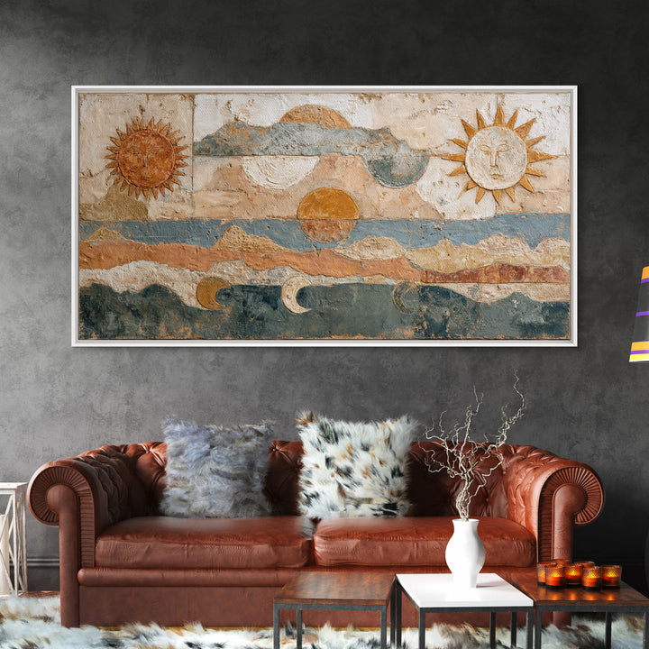 Sun and Moon Celestial Folk Motif Framed Canvas Print, Boho Art, Wall Decor, Living Room Decor, Fine Art, Bohemian, Art Nouveau, BOH-2x1-6