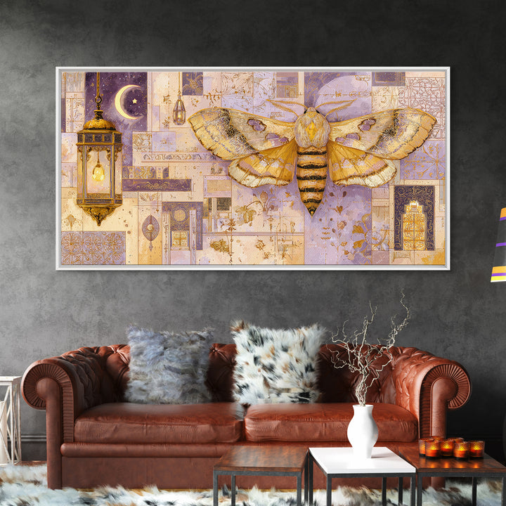 Golden Moth with Moon and Stars Canvas Print, Boho Art, Canvas Art, Living Room Decor, Fine Art, Bohemian, Wall Art Set, BOH-2x1-61