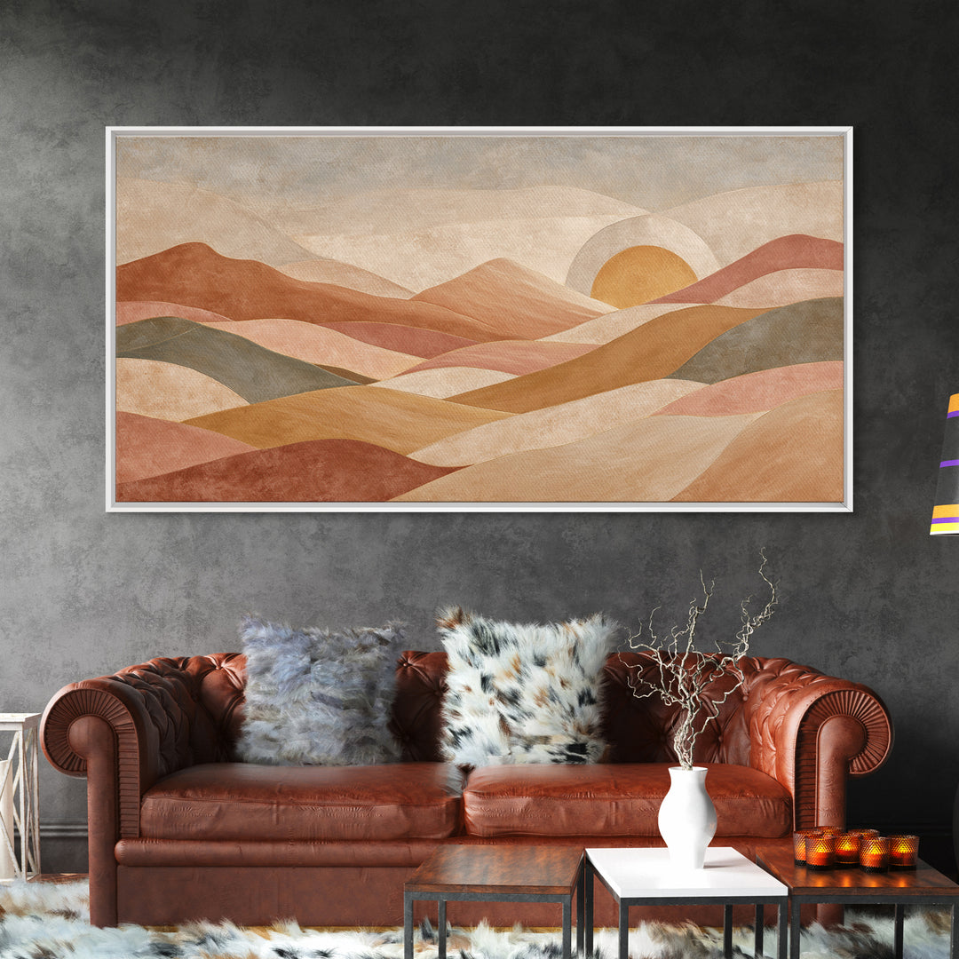 Sunrise over Rolling Dunes in Muted Peach Framed Canvas Print, Boho Art, Living Room Decor, Abstract Art, Bohemian, BOH-2x1-65