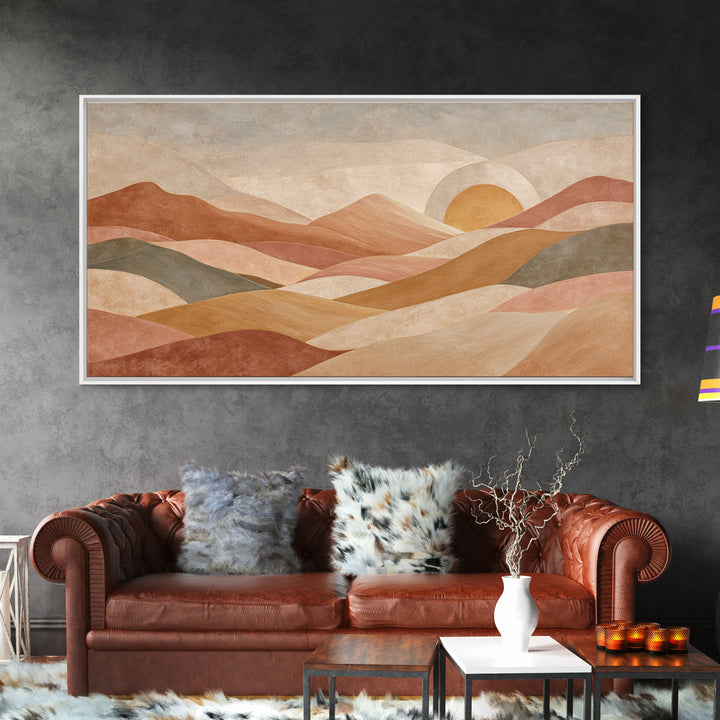 Sunrise over Rolling Dunes in Muted Peach Framed Canvas Print, Boho Art, Living Room Decor, Abstract Art, Bohemian, BOH-2x1-65