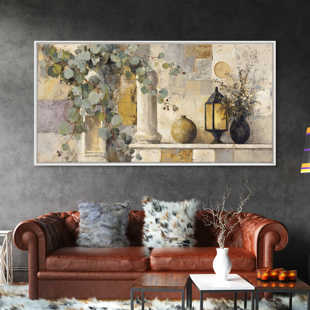 Sage Green Eucalyptus and Crescent Moon Framed Canvas Print, Boho Art, Fine Art Print, Living Room Decor, Fine Art, Bohemian, BOH-2x1-67