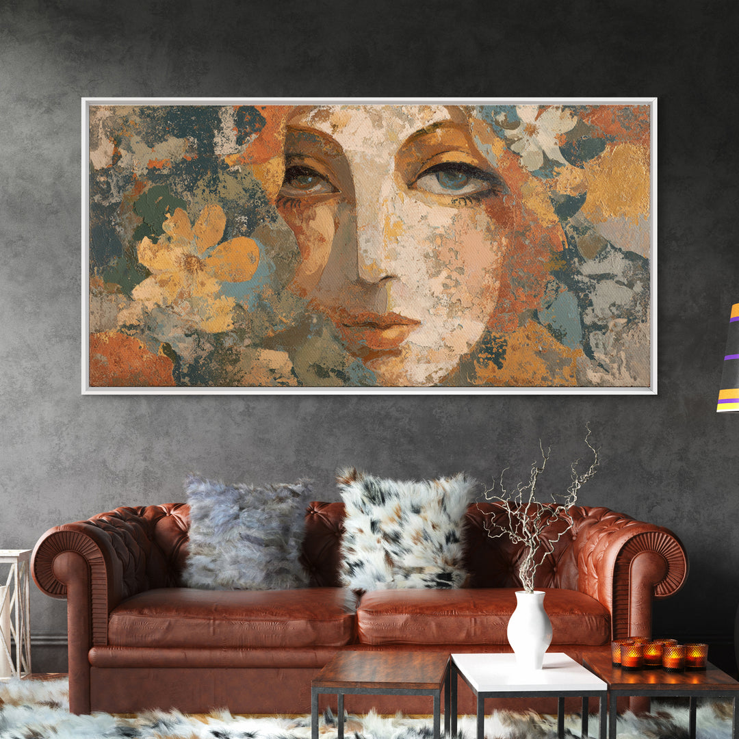 Abstract Female Face Framed Canvas Print, Boho Art, Digital Wall Art, Living Room Decor, Watercolor Art, Bohemian, Garden Art, BOH-2x1-72