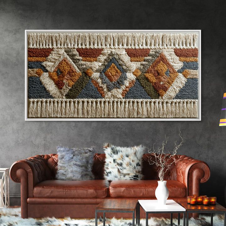 Macrame Geometric Fringe Pattern Framed Canvas Print, Boho Art, Contemporary Art, Living Room Decor, Abstract Art, Bohemian, BOH-2x1-75