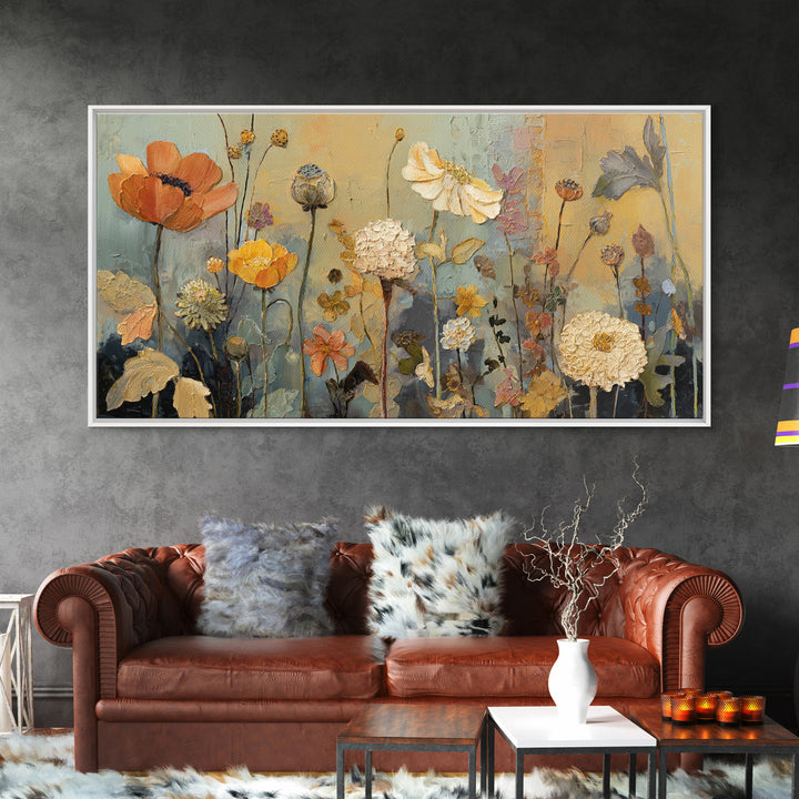 Burnt Orange Floral Field at Sunset Framed Canvas Print, Boho Art, Boho Wall Art, Living Room Decor, Fine Art, Bohemian, BOH-2x1-81