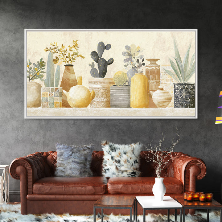 Warm Neutral Cactus Garden Illustration Framed Canvas Print, Boho Art, Digital Wall Art, Living Room Decor, Fine Art, Bohemian, BOH-2x1-86