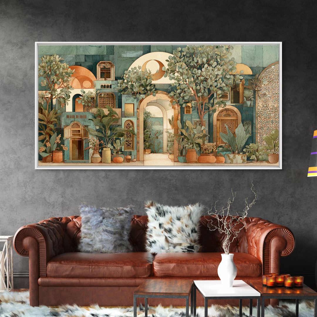 Sage Green Eucalyptus and Crescent Moon Framed Canvas Print, Boho Art, Wallart, Living Room Decor, Fine Art, Bohemian, BOH-2x1-91