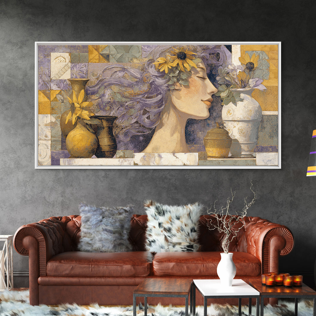 Abstract Female Face Framed Canvas Print, Boho Art, Boho Wall Art, Living Room Decor, Fine Art, Bohemian, Statement Artwork, BOH-2x1-96