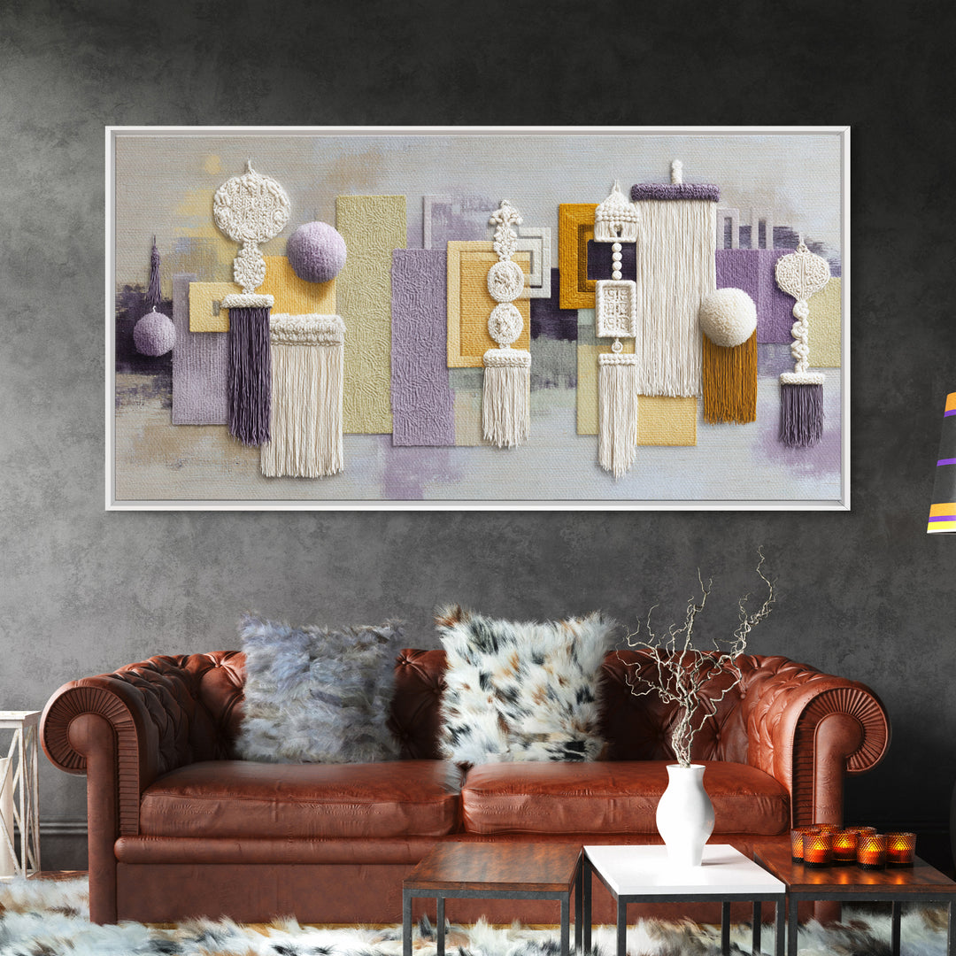 Macrame Geometric Fringe Pattern Framed Canvas Print, Boho Art, Boho Wall Art, Living Room Decor, Abstract Art, Bohemian, BOH-2x1-99