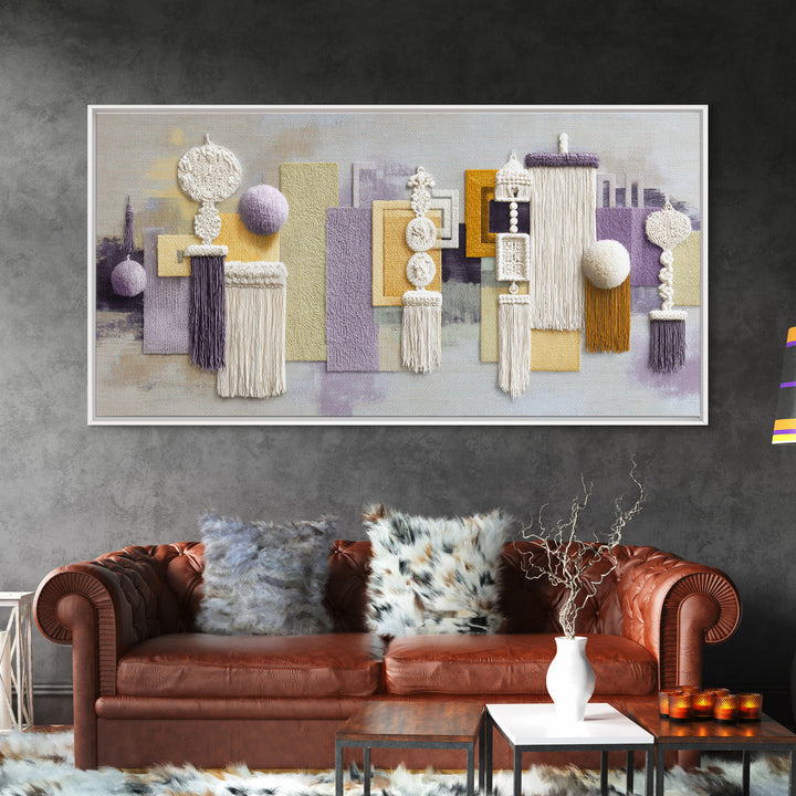 Macrame Geometric Fringe Pattern Framed Canvas Print, Boho Art, Boho Wall Art, Living Room Decor, Abstract Art, Bohemian, BOH-2x1-99