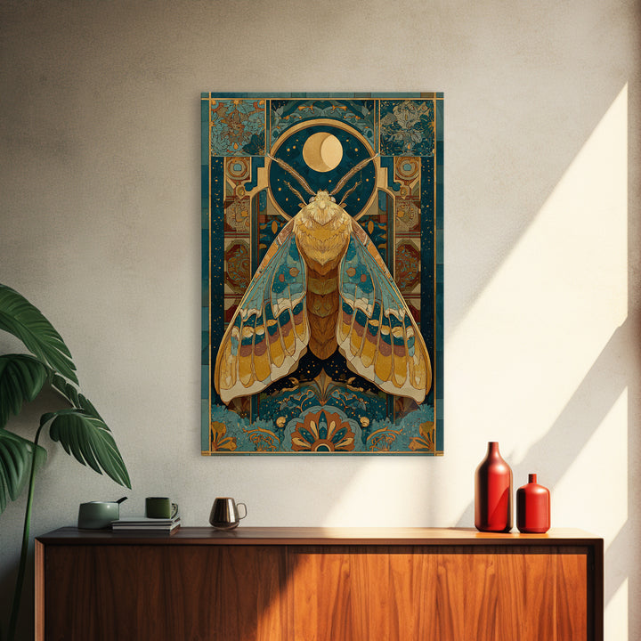 Golden Moth with Moon and Stars Framed Canvas Print, Boho Art, Art Nouveau, Living Room Decor, Fine Art, Bohemian, Wall Print, BOH-2x3-1