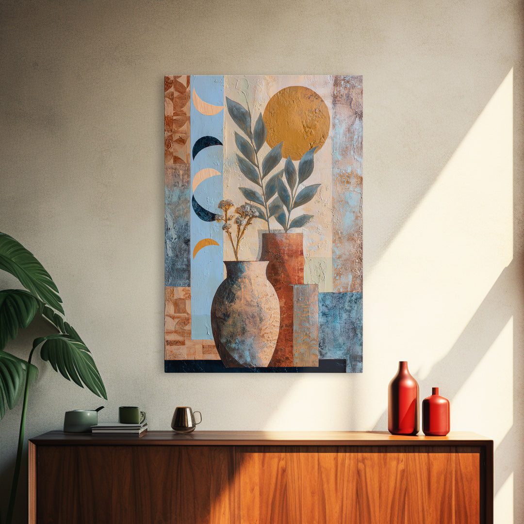 Moon Phases Above Botanical Silhouettes Canvas Print, Boho Art, Art Prints, Living Room Decor, Watercolor Art, Bohemian, BOH-2x3-10