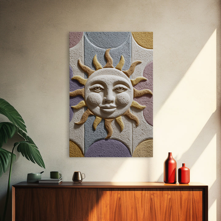 Sun and Moon Celestial Folk Motif Framed Canvas Print, Boho Art, Digital Art, Living Room Decor, Watercolor Art, Bohemian, BOH-2x3-18