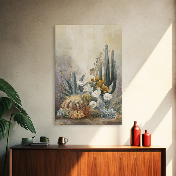 Warm Neutral Cactus Garden Illustration Framed Canvas Print, Boho Art, Wall Decor, Living Room Decor, Fine Art, Bohemian, BOH-2x3-2
