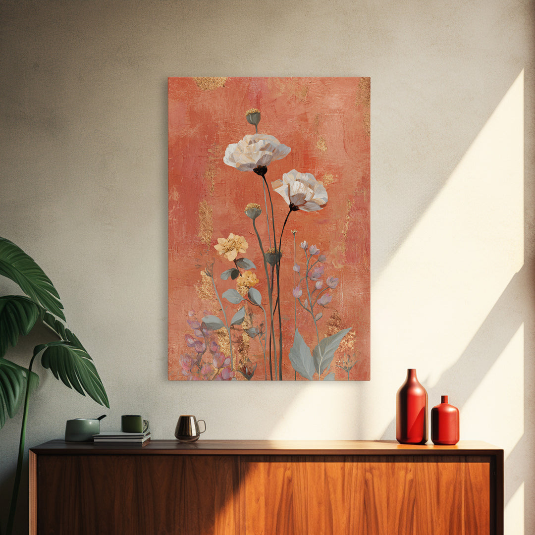 Burnt Orange Floral Field at Sunset Framed Canvas Print, Boho Art, Wallart, Living Room Decor, Bohemian, Living Room Wall Art, BOH-2x3-21