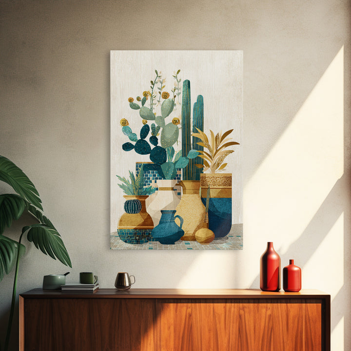 Warm Neutral Cactus Garden Illustration Framed Canvas Print, Boho Art, Wall Decor, Living Room Decor, Fine Art, Bohemian, BOH-2x3-26