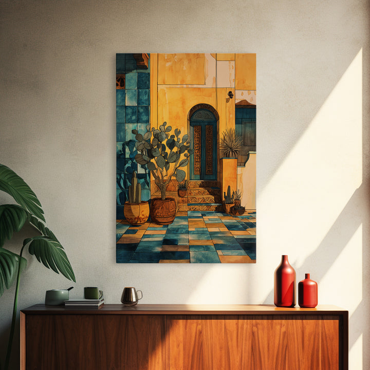 Desert Sun with Cactus and Warm Clay Framed Canvas Print, Boho Art, Garden Art, Living Room Decor, Watercolor Art, Bohemian, BOH-2x3-33