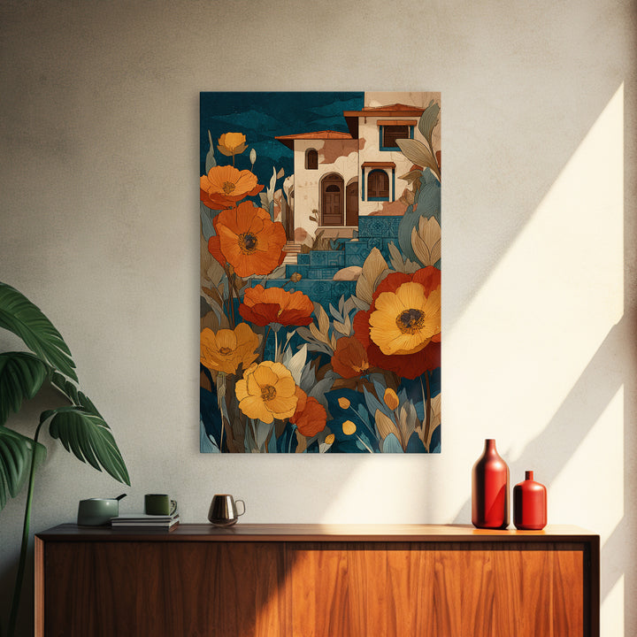 Burnt Orange Floral Field at Sunset Canvas Print, Boho Art, Living Room Decor, Oil Painting, Bohemian, Modern Decor, BOH-2x3-45